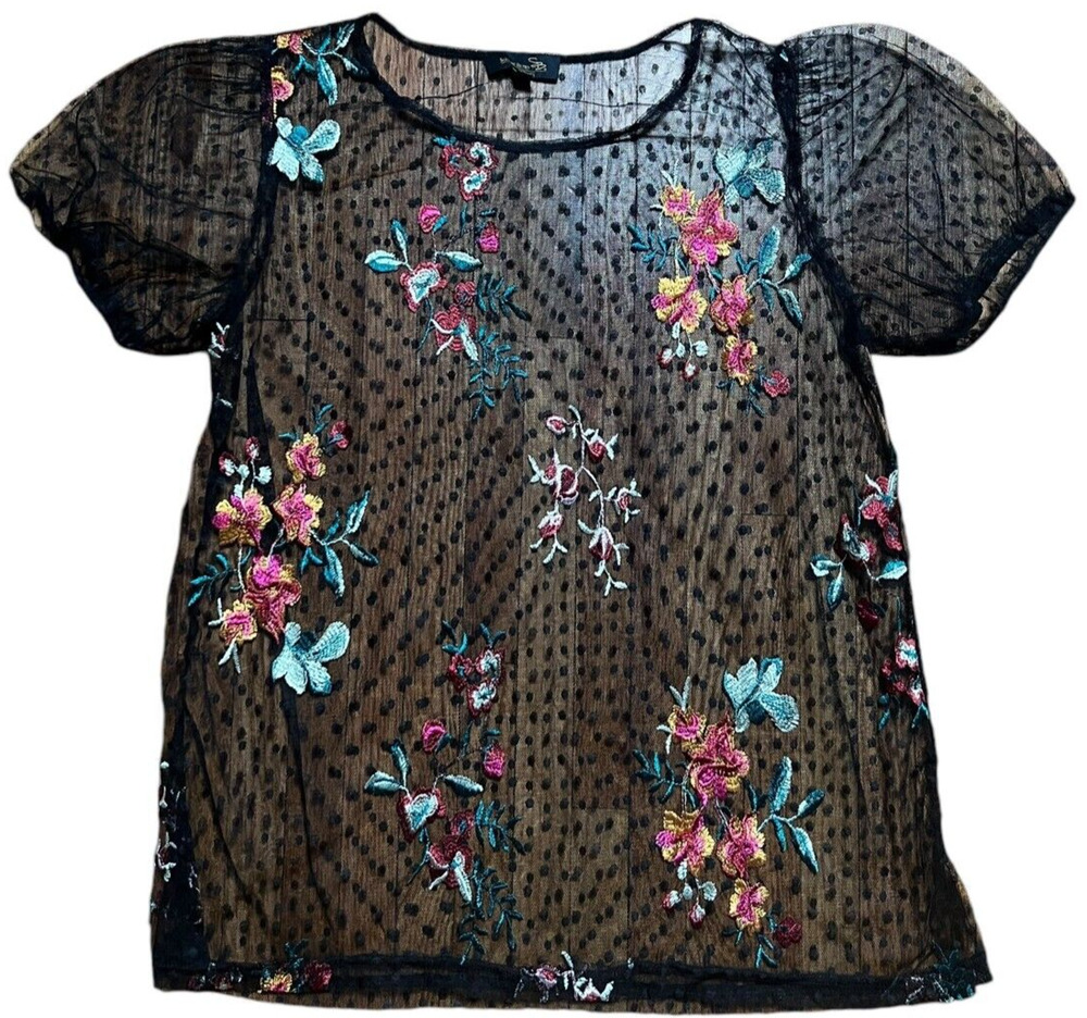 Suzanne Betro Womens Top L Black Red Floral Mesh